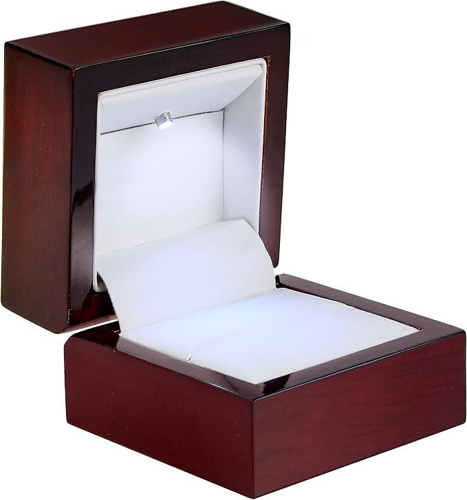 Allure - 2 Pack, Luxury Ring Box With LED Light, Authentic Mahogany Wood With White Leatherette Insert, Square Elegant Diamond Ring Case For Unique Proposal Or Wedding, Small Jewelry Display Gift Box.