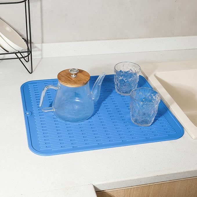 Silicone Dish Drying Mat for Multiple Usage,Easy clean,Eco-friendly,Heat-resistant Silicone Mat for Kitchen Counter or Sink,Refrigerator or Drawer Liner Lichen BlueL XL 18 inches x 16 inches