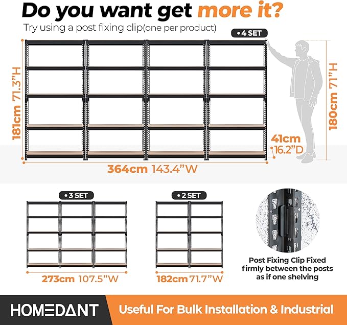 HOMEDANT 5 Tier Storage Shelves Adjustable Laminated Boltless Garage Metal Shelving Unit Heavy Duty Utility Rack Shelf Warehouse Pantry Closet Kitchen (1, (M) 35.9" W, Black)