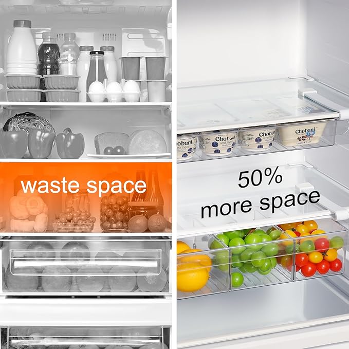 Pull-Out Fridge Drawer Organizer - Under Shelf Storage Bins for Refrigerator Organization for Fruits Vegetables, Cheese & Deli (Tall & Narrow with dividers)