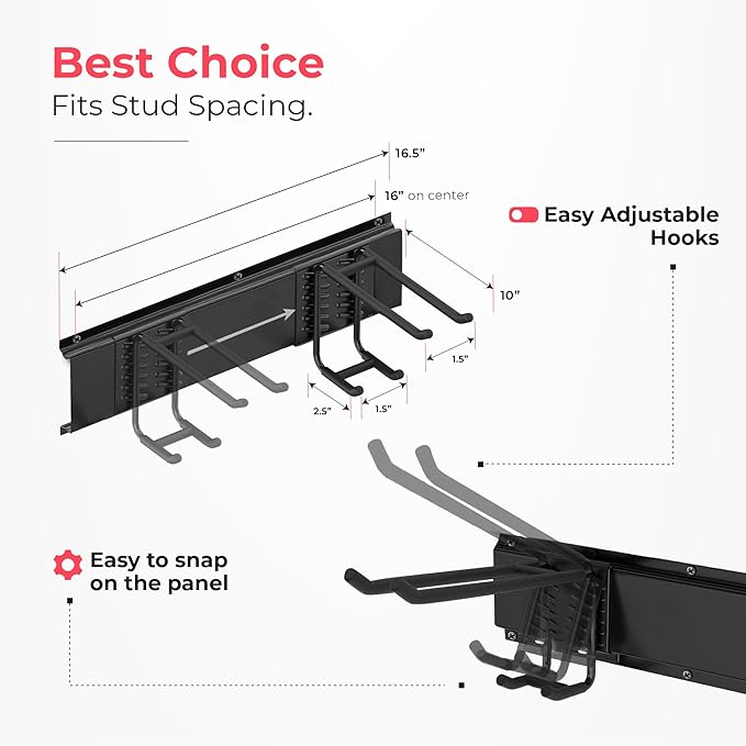 TIDYME Garage Wall Organizer | 96" Heavy-Duty Tool Storage Rack | Adjustable Double-Layer Hooks | 600 lbs Capacity | Carbon Steel Wall Mount Holder for Shovels, Rakes, Ladders & Power Tools