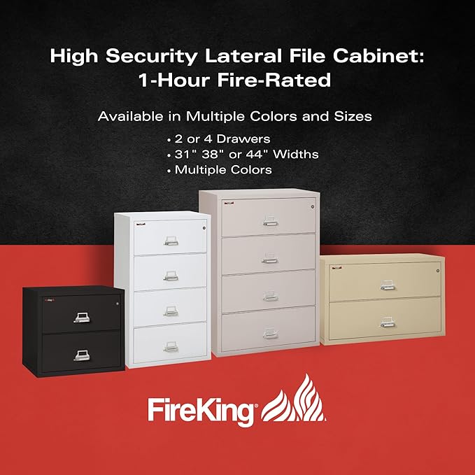 Fireking Fireproof Lateral File Cabinet (2 Drawers, Impact Resistant, Water Resistant), 27.75" H x 44.5" W x 22.13" D, Black