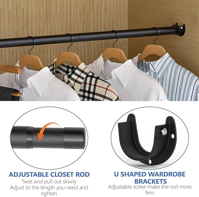 Closet Rod, 17 to 68 Inch Closet Rods for Hanging Clothes, Heavy Duty Adjustable Clothes Hanging Bar Rod Matte Black Closet Poles for Wardrobes, Closet, Bathroom, Windows,1.3 Inch Diameter