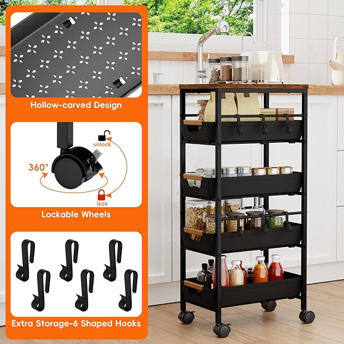 5-Tier Slim Storage Cart, Wooden Top Rolling Kitchen Cart with Pull-Out Baskets & Wheels, Narrow Space Utility Cart Slide Out Organizer for Kitchen, Bathroom, Laundry Room, Black