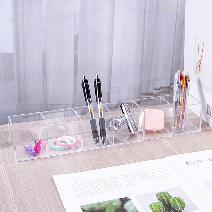 dedoot Clear Drawer Organizer, 6 Compartments Acrylic Organizer Durable Plastic Square Cube Storage Bin for Makeup, Jewelry, Pen, Small Items, 15x2.5x2.6inches
