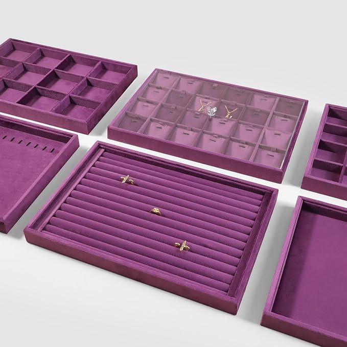Velvet Necklace Display Tray, Stackable 24 Grid Insert Pendant Necklaces Storage Holder Plate, Jewelry Retail Countertop Organizer (Purple)