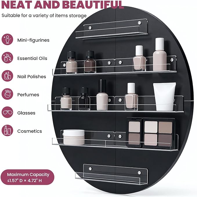 Wall Mount Nail Polish Organizer, 2 Packs Wood Nail Polish Rack w/Acrylic Barrier, 5-Tier Round Storage & Display Shelf, Perfume Essential Oil Bottles Holder, Black