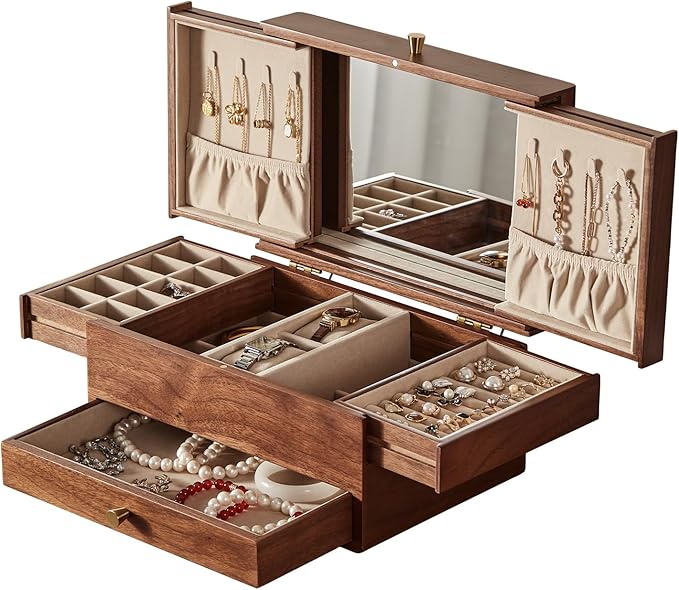 CHOSIN Black Walnut Wooden Jewelry Box for Women, 3 Level Multi-functional Drawer Organizer Box Watch Necklace Ring Earring Storage
