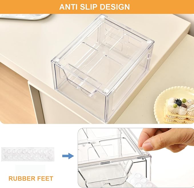 Stackable Makeup Organizer Storage Drawers Set of 6, Clear Plastic Organizer Bins for Beauty Supplies,Ideal for Vanity, Bathroom,Cabinet,Pantry Organization (2Long 4 Short)