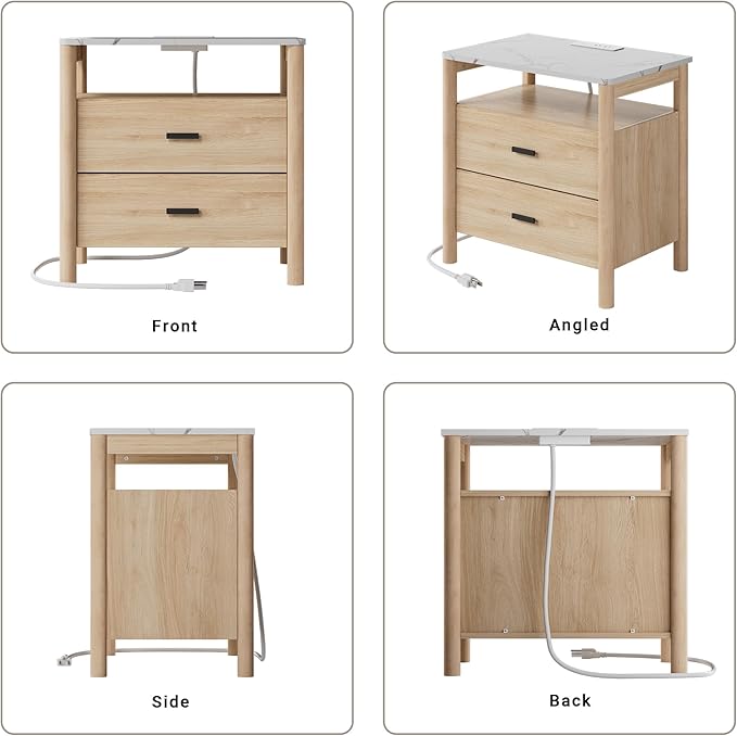 Night Stand with Charging Station, 24" Large Modern Nightstand with Faux Marble Top, 2 Drawers End Table with Solid Round Post Legs & Open Shelf, for Bedroom, Natural Oak