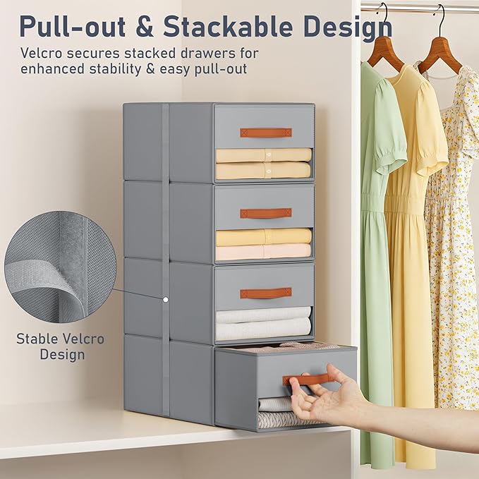 DIMJ Closet Organizers and Storage - Fabric Bins with Drawers for Closet Foldable Clothes Organizers with Clear Window, Stackable Storage Drawers Units for Bedroom, Living Room, Medium 6-Pack, Grey