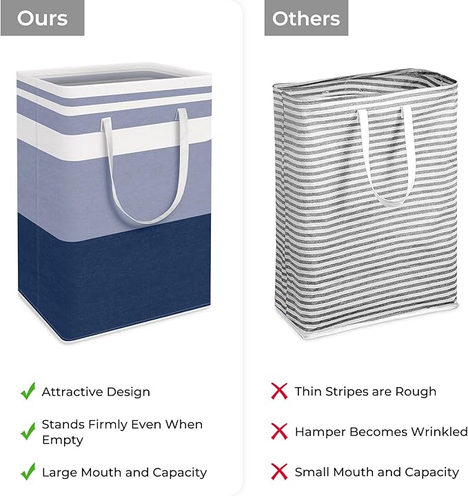 HomeHacks 2-Pack Large Laundry Basket, Waterproof, Freestanding Laundry Hamper, Collapsible Tall Clothes Hamper with Extended Handles for Clothes Toys in the Dorm and Family (Blue, 75L)