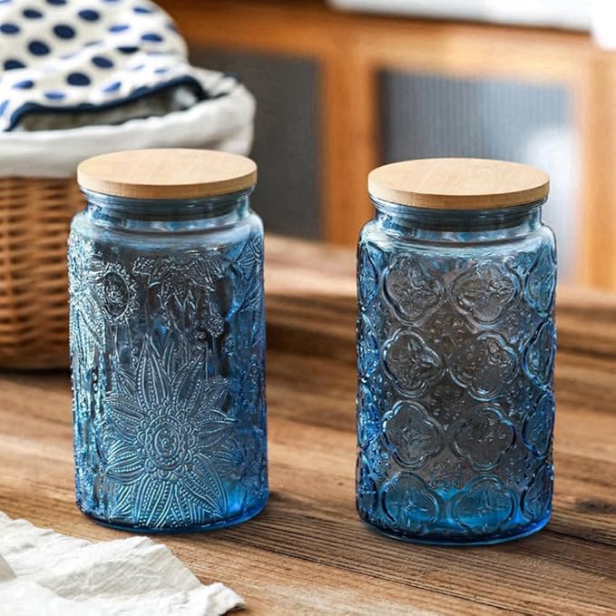 ANSQU Blue Glass Jars, 34oz Vintage Glass Kitchen Storage Counter Jar, Candy Jars with Lids, Decorative Mason Jars Hold Coffee Beans, Tea, Cookie, Sugar, Bath Salts (Blue, 2 Pack)