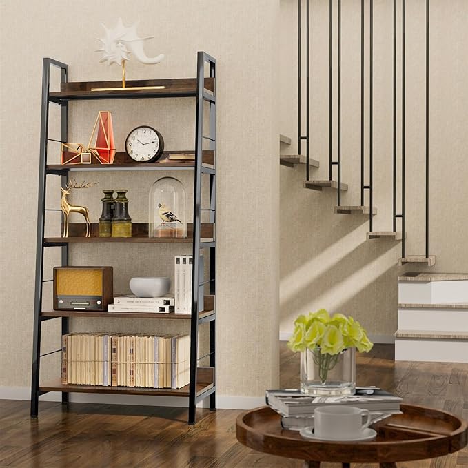 Himimi Ladder Bookshelf, 5 Shelf Bookcase Industrial Bookshelf Wood and Metal Bookshelves, Plant Flower Stand Rack Book Storage Shelves for Living Room, Bedroom, Home Office (2 PCS)