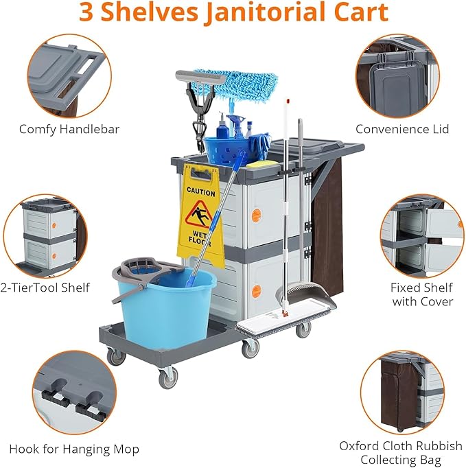 Commercial Janitorial Cleaning Cart: 3 Shelves + 2 Cabinets + Oxford Bag + Cover, Wheel Rolling Housekeeping Cart for School, Hotel, Apartment & More