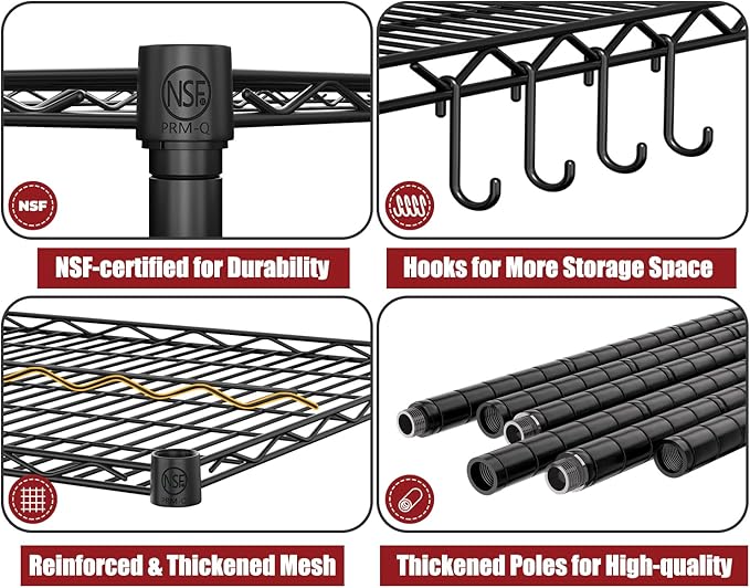 PrimeZone 5 Packs 55.5" W x 24" D x 80" H Heavy Duty Wire Storage Shelves with Wheels, 4 Tier Adjustable NSF Certified Garage Shelving Unit, Rolling Metal Organizer Shelf Rack for Warehouse, Pantry