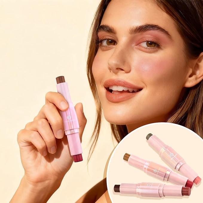 Color Nymph Cream Blush Contour Stick, Double-end Makeup Stick Multiuse Blush Butter Bronzer For Cheeks Eyes Lip Matte Finish Vegan & Cruelty-Free - 02# Brandy Peach