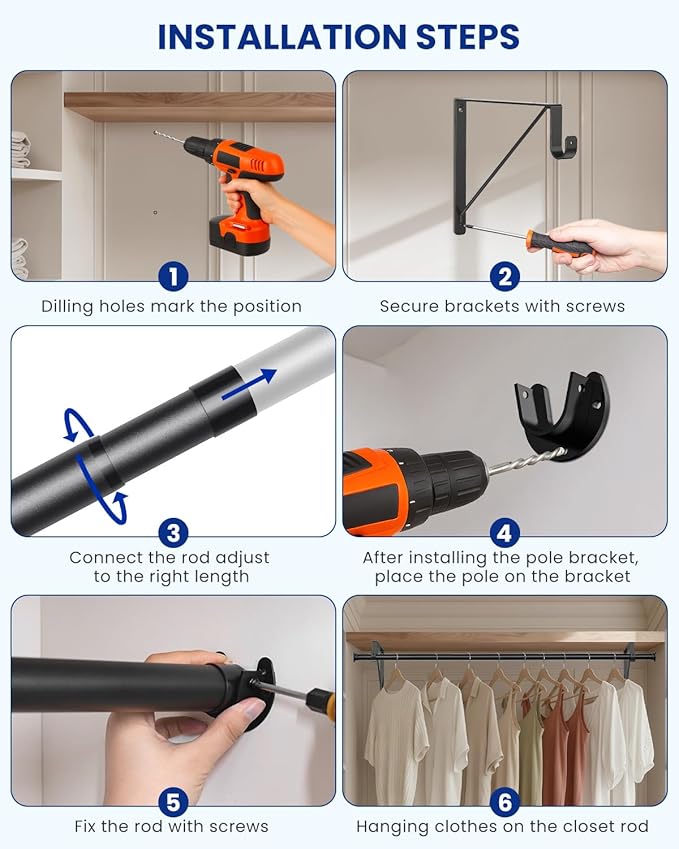 Closet Rods for Hanging Clothes with Triangular Brackets, 17 to 69 Inches Stepless Adjustable Closet Rod, 1.3 Inch Heavy Duty Closet Rod for Closet Wardrobe Laundry RV (Without Board/Black)