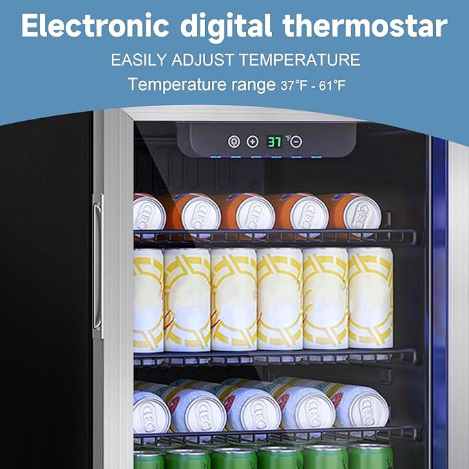 Stopasd Beverage Refrigerator Cooler, 3.2 Cu.Ft/126 Can Drink Fridge with Adjustable Shelves & Glass Door for Soda Wine Beer, Quiet Undercounter Small Fridge for Home/Office/Bar/Garage(37-61 ℉),Sliver