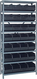 Quantum 1875-463BK Heavy Duty Shelving Unit with (8) Shelves and (28) SSB463 Black Bins for Industrial Warehouse Storage Distribution | 400 lbs Capacity | 18"D x 36"L x 75"H, Galvanized Carbon Steel