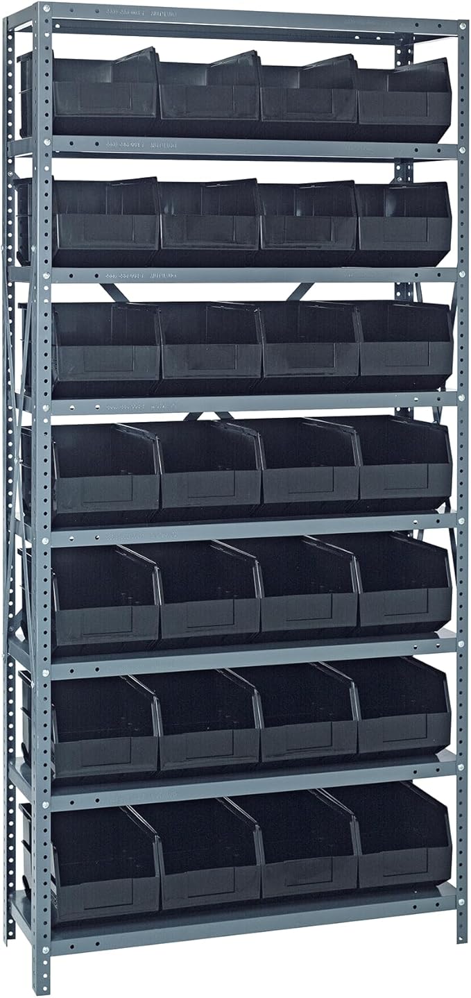 QUANTUM STORAGE SYSTEMS 1275-443BK Solid Heavy Duty 8 Shelves 28 Stackable Shelf Bins Black Bins 75" H x 36" W x 12" D