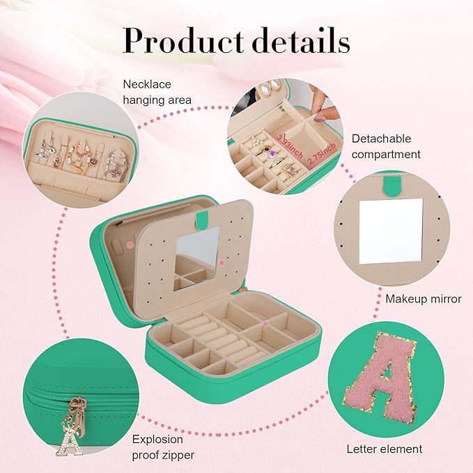 TopPerfekt Travel Jewelry Case, Jewelry Box with Mirror, Jewelry Organizer Bridal Shower Gifts to Her, Earring Storage Travel Case, Trendy Gift for Women and Girls, Girlfriend-Letter A, Green