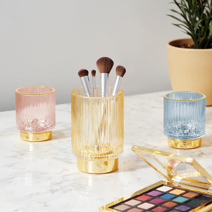 Makeup Brush holder Organizer, Crystal Glass Toothbrush Holders, Striped Make Up Brush Holder for Vanity, Pen Holder for Desk, Vase -White (S+L)