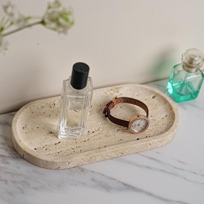 Beige Travertine Vanity Tray | Natural Stone Bathroom Organizer | Perfume & Jewelry Storage for Spa, Bedroom, Kitchen | Non-Slip Waterproof Design,11.8"x7.8"x0.6"
