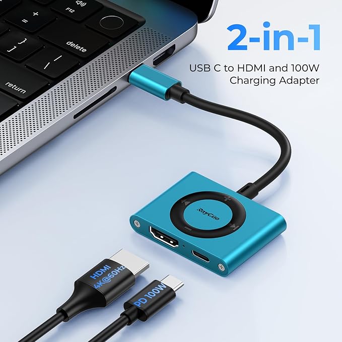 RayCue 2-in-1 USB C Hub, USB C to HDMI Adapter with HDMI 4K@60Hz & 100W PD Charging - Adapter for Laptop, MacBook, IPad (USB-C), iPhone 15/16, Tablets, Switch