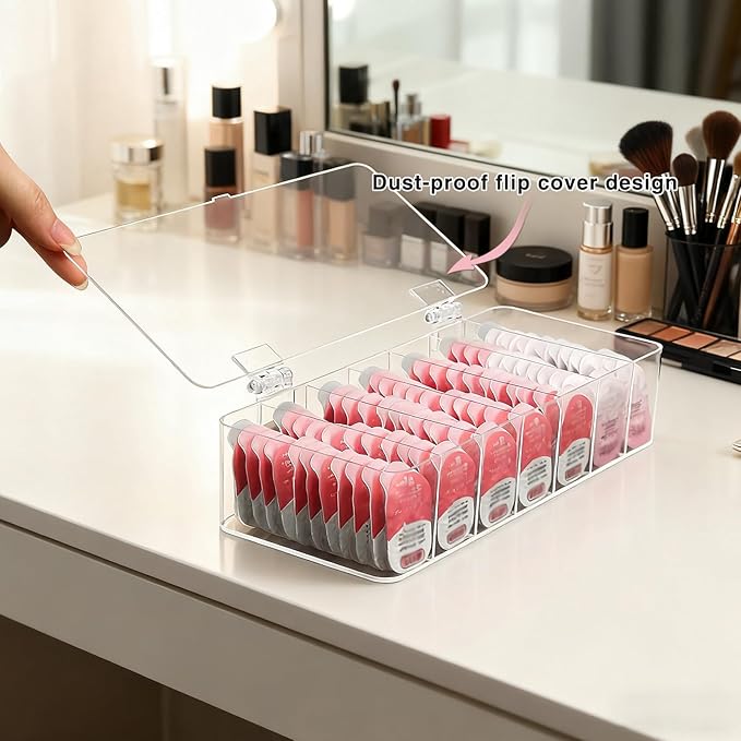 Clear Acrylic Makeup Organizers, 7-Section Bathroom Organizer for Drawer, Cosmetic Display Cases with Lid, Blushes Highlighters Eyeshadow Powder Makeup Organizer Holder Storage