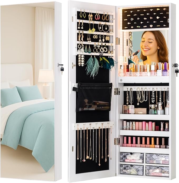 LUXFURNI LED Lights Mirror Jewelry Cabinet Wall Mounted or Door-Hanging, 42" Full Length Mirror with Storage, Built-in Makeup Mirror, Lockable Jewelry Mirror Organizer, White