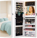 LUXFURNI LED Lights Mirror Jewelry Cabinet Wall Mounted or Door-Hanging, 42" Full Length Mirror with Storage, Built-in Makeup Mirror, Lockable Jewelry Mirror Organizer, White