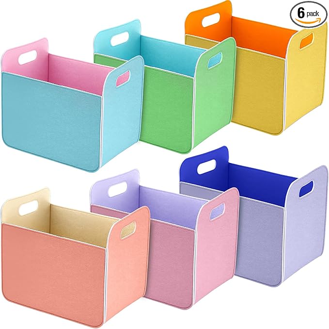 6 Pcs 14x10 Inch Colorful Felt Rectangular Storage Bins Collapsible Storage Basket with Handle for Shelves Closet Bedroom Office Clothes Book Holiday Christmas Stuff Organizer(Macaron)
