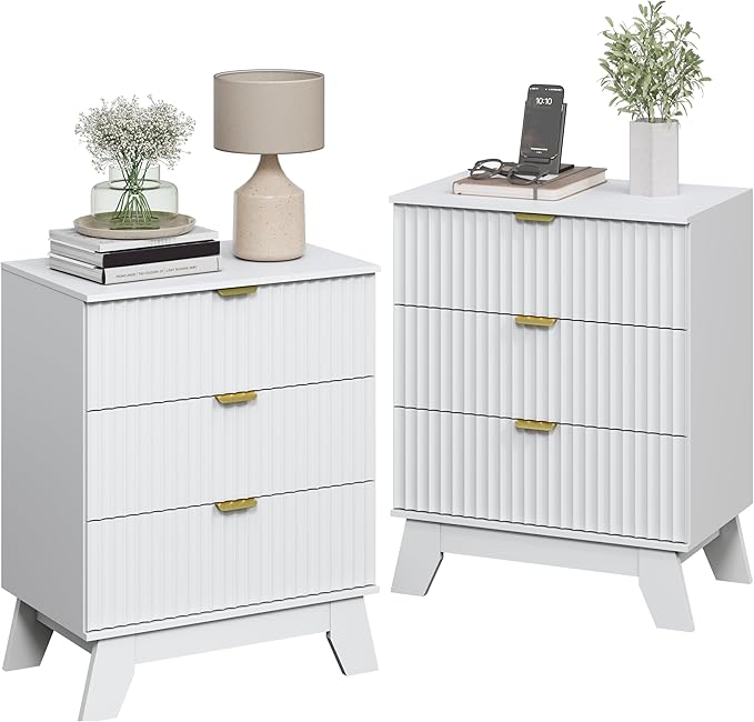 White Night Stand with 3 Drawers, Bedside Table & End Table, 24" Wide Mid Century Modern Fluted Wood Nightstand with Metal Handles, Farmhouse Night Stands for Bedroom