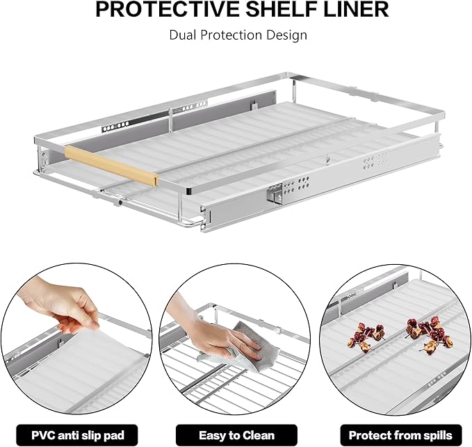 Pull Out Cabinet Drawer Organizer, Heavy Duty Slide Out Pantry Shelves Sliding Drawer Storage for Bathroom, Home, Kitchen, 2 Pack Chrome 22''Deep