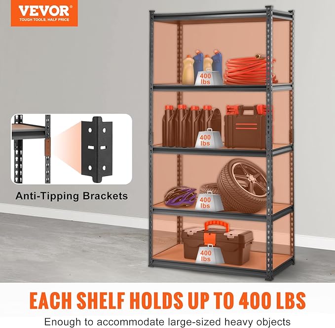 VEVOR Storage Shelving Unit, 5-Tier Adjustable, 2000 lbs Capacity, Heavy Duty Garage Shelves Metal Organizer Utility Rack, 2 Pack, 36" L x 18" W x 72" H