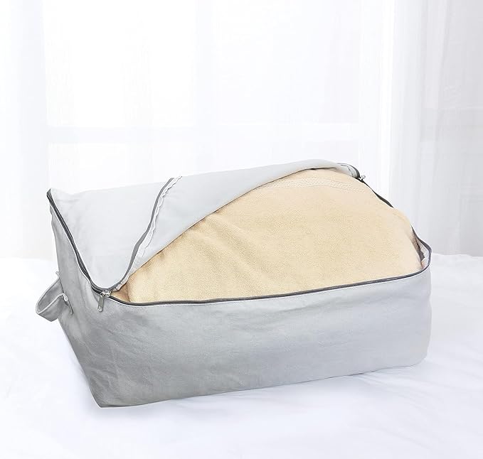 Omygarden Ultra Thick Fabric Clothes Canvas Storage Bag Foldable Closet Organizer Bag with Reinforced Handle Sturdy for Sweaters, T-shirts, Blankets, Coats, 3 Pack, Light Gray