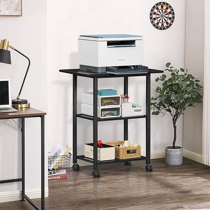 Lerliuo 3-Tier Printer Stand, Industrial Mobile Printer Table with Storage Shelf and Steel Frame, Rolling Printer Cart Holder with Lockable Wheels for Home, Office (Black)