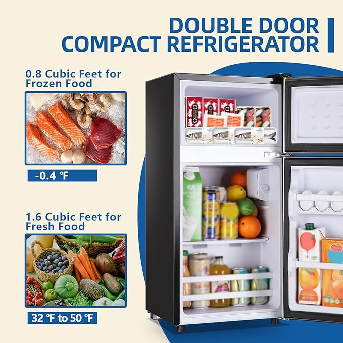 Tniy Personal Capacity Black Refrigerator with Freezer Double Door Mini Fridge Small Apartment Refrigerator with 7 Adjustable Temp Control