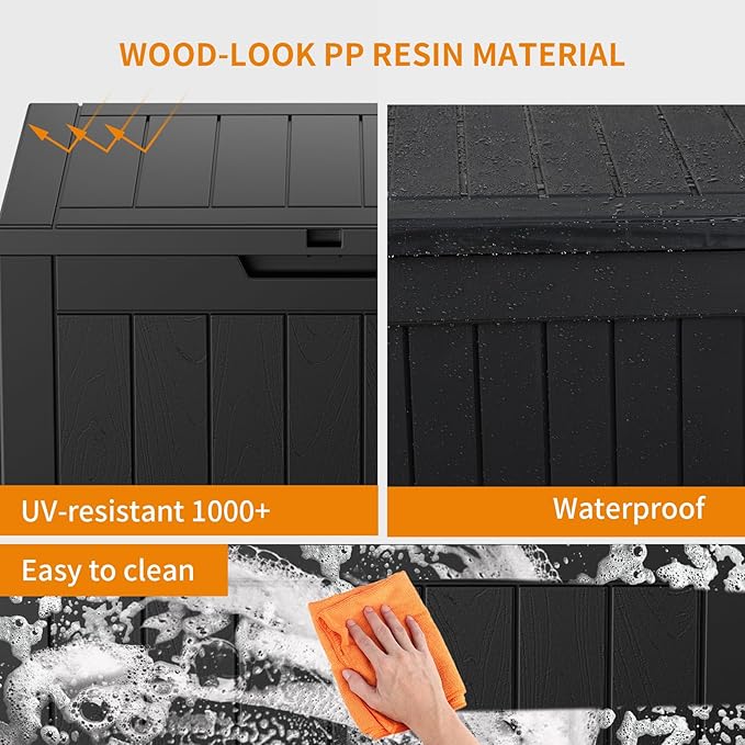 31 Gallon Resin Deck Box, Lockable Patio Outdoor Storage Box for Furniture, Garden Tools and Tools Storage, Waterproof Outside Storage Boxes - Black