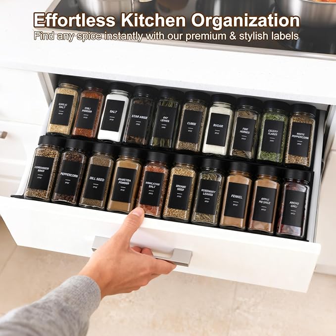 24Pcs Spice Jars Containers with Labels，4oz Black Seasoning Bottles with Shaker Lids for Rack, Cabinet, Drawer,Empty Square Condiment Pots (24, Black)