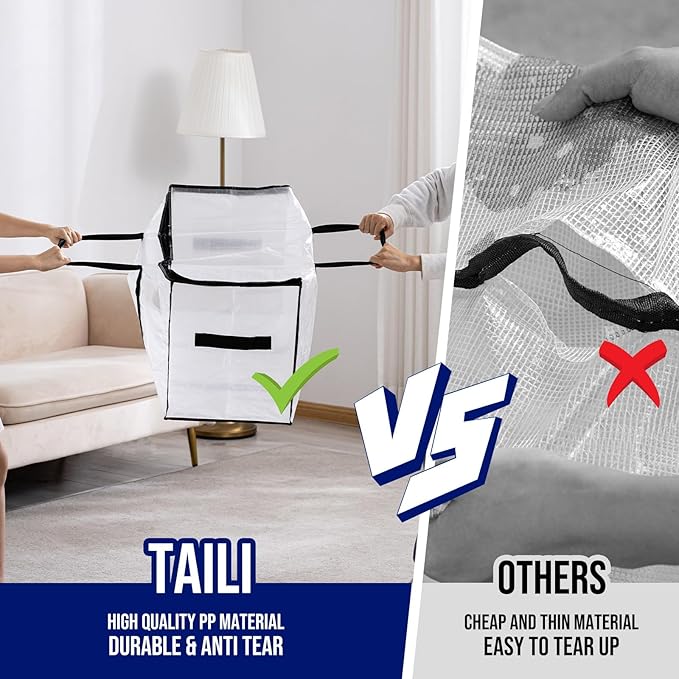 TAILI Extra Large Moving Bags, 6 Pack Clear Heavy Duty Totes for Storage with Visible Window, Wrap Around Handles, Storage Bags for Space Saving, Alternative to Moving Boxes