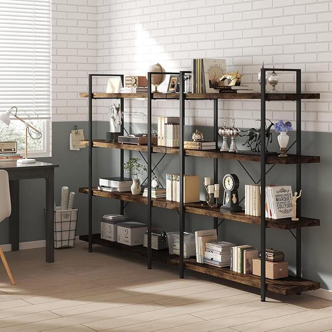 Heavy Duty 4-Tier Industrial Bookcase, 47" Wide Wood Bookshelf for Home Office, 120lbs Shelf Capacity, Rustic Open Shelving Display with Reinforced Horizontal Shelf for Living Room Bedroom