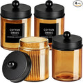 Amolliar Bronze Glass Apothecary Jar, Qtip Holder Metal Lid & Stickers, Bathroom Qtip Dispenser Storage Canister, Perfect for Cotton Balls, Cotton Swabs, Makeup Pads, Bath Salt, Floss, 4 Pack (Black)