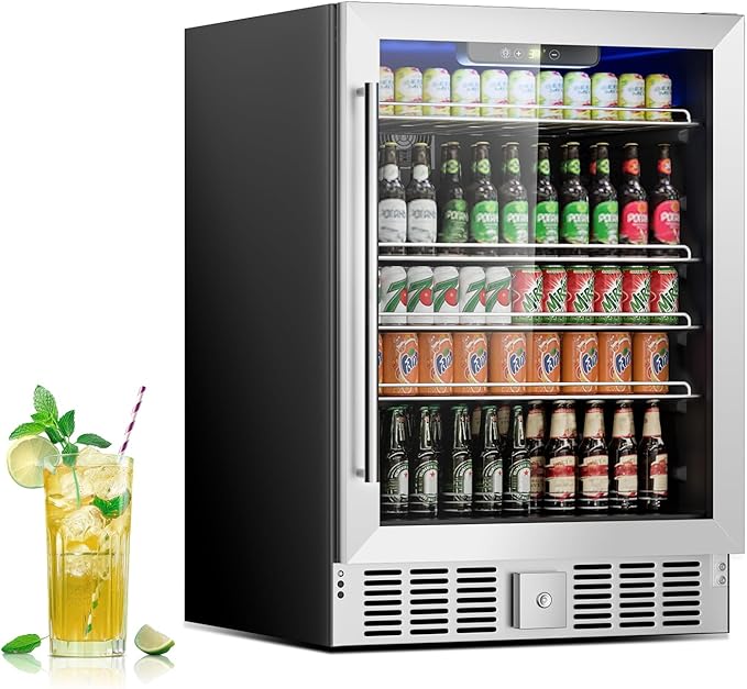 Stopasd Beverage Refrigerator Cooler, 5.3 Cu.Ft/166 Can Drink Fridge with Adjustable Shelves & Glass Door for Soda Wine Beer, Quiet Undercounter Small Fridge for Home/Office/Bar/Garage(37-61 ℉),Sliver