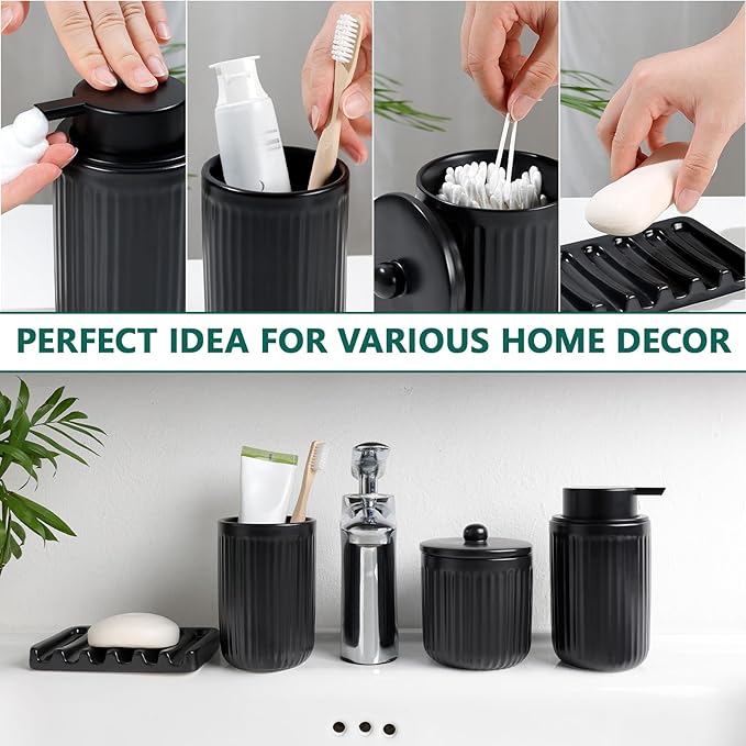 BosilunLife Ceramic Bathroom Accessories Set - Bathroom Counter Soap Set Black Bathroom Decor Sets Accessories Bathroom Lotion Soap Dispenser and Toothbrush Holder Set, Soap Dish, Apothecary Jars
