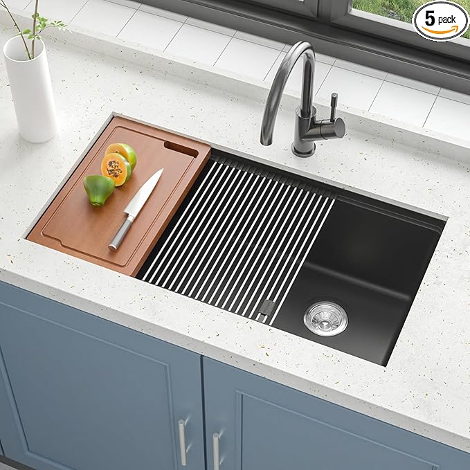 33 Inch Granite Undermount Kitchen Sink, TECASA Utility Composite Single Bowl Kitchen Sink with Workstation and Accessories, Black (33 × 18 Inch)
