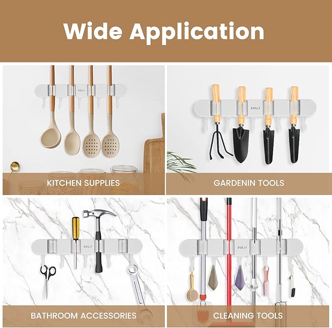 3PCS Broom Holder Wall Mount, No-Drilling Self-Adhesive Mop and Broom Storage Rack (4 Racks with 5 Hooks),Wall-Mounted Broom Hanger for Bathroom, Kitchen, Closet, Garage, White