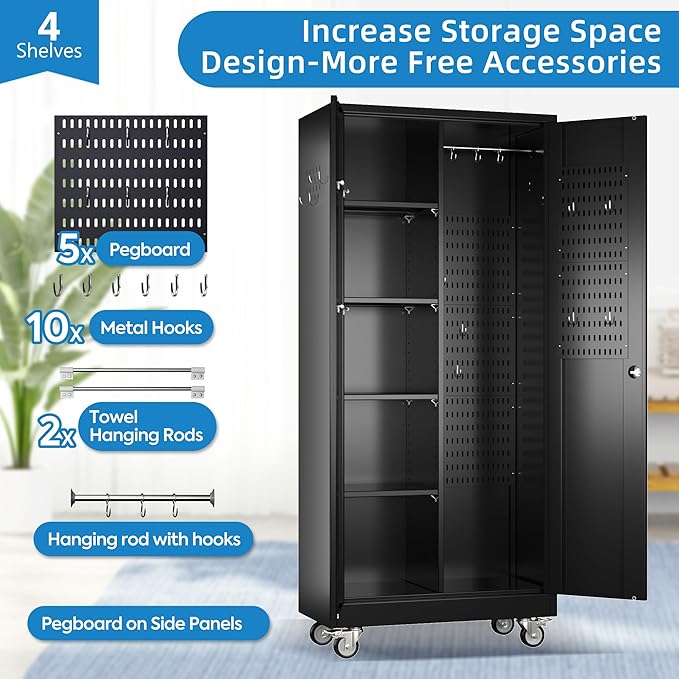 SUXXAN Broom Closet Storage Cabinet with Wheels 71.4"x 31.5"x15.7", Metal Cleaning Cabinets with Hooks and Hanging Rods, Lockable Cabinet with Pegboard, Adjustable Shelf,for Garage, Laundry Room