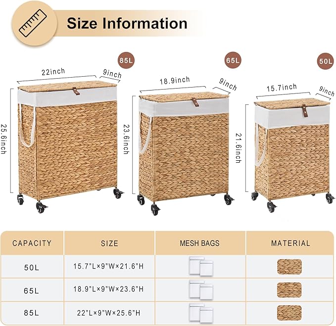 Rolling Laundry Hamper with Lid and Wheels, Slim Laundry Basket with Removable Liner Bag & 2 Mesh Bags, Handwoven Water Hyacinth Clothes Hamper for Bedroom Bathroom (Natural, 65L)